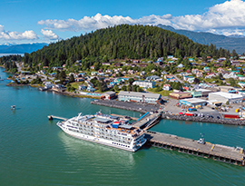 Small Alaska cruise ship docked near a scenic coastal town with forested hills