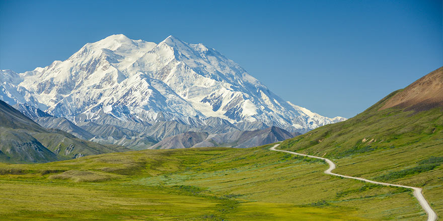 Winding road through green fields toward Denali National Park mountains