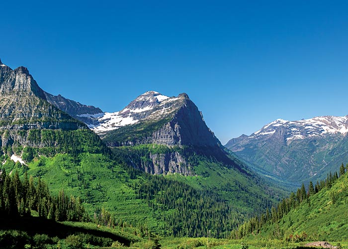 Mountain valley and alpine scenery in Glacier National Park explored through curated land and cruise excursion
