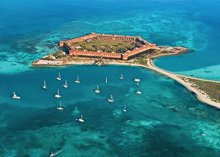 Aerial view of Fort Jefferson and turquoise waters at Dry Tortugas National Park during a Florida Keys cruise excursion 