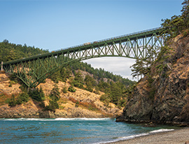 Green steel bridge spans rocky river gorge with forested hills, calm water below, clear sky.